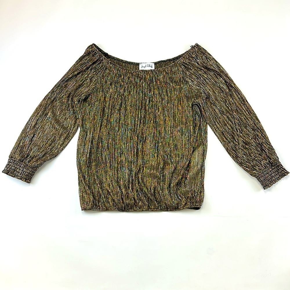 Joseph Ribkoff black gold silver metallic On Off shoulder stretch neckline top